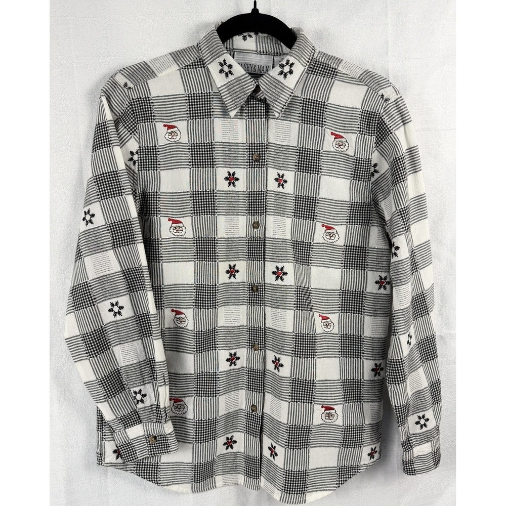 Casey & Max Womens Black White Plaid Christmas Santa Button Down Shirt Small VTG